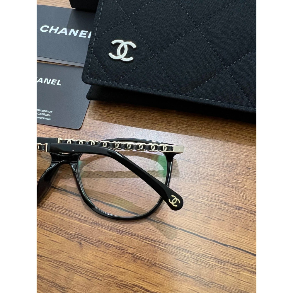 CHANEL眼鏡新款黑框素顏鏡平光鏡框女生小羊皮編織鏈鏡腳近視眼鏡架CH3408眼鏡框54-16-140-細節圖7