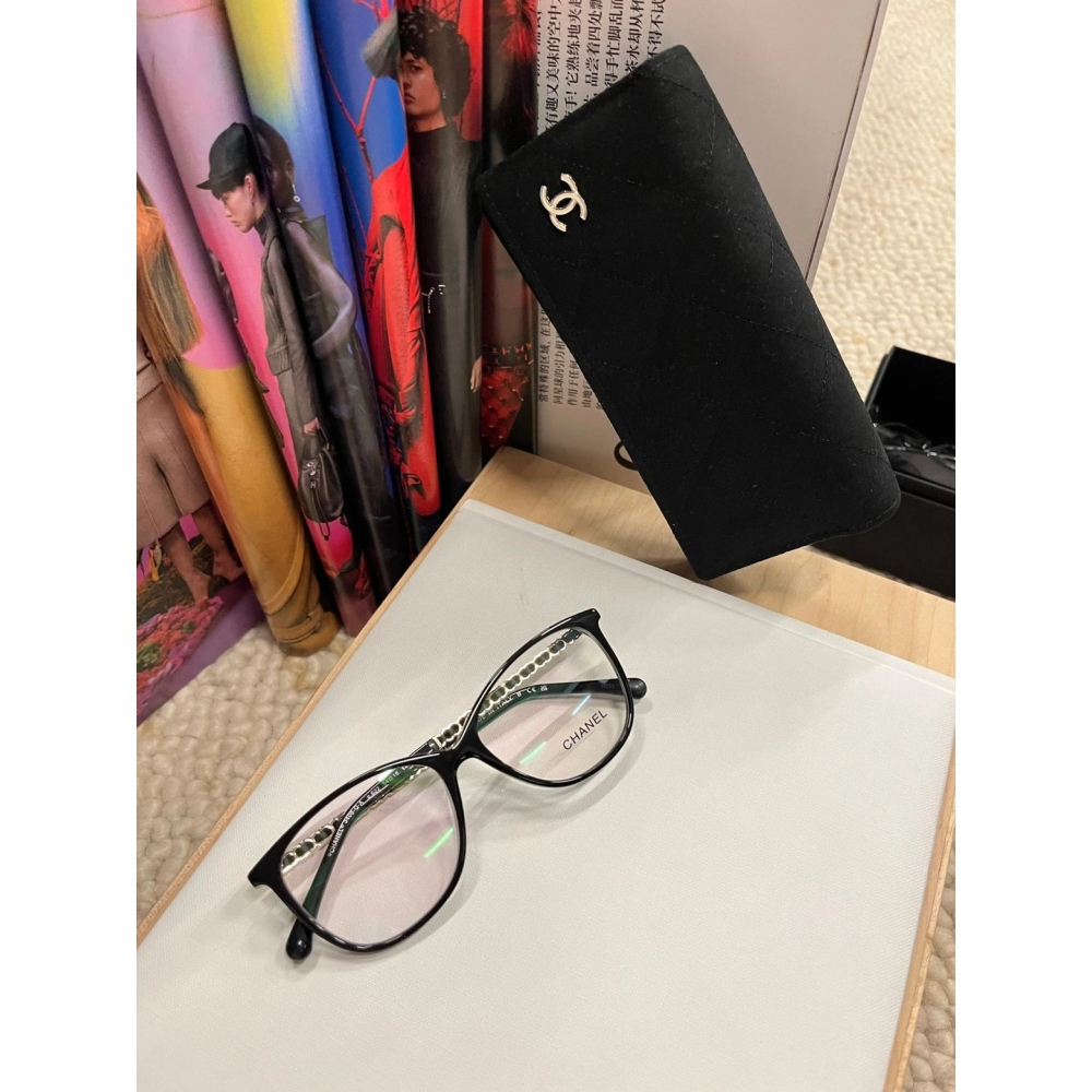 CHANEL眼鏡新款黑框素顏鏡平光鏡框女生小羊皮編織鏈鏡腳近視眼鏡架CH3408眼鏡框54-16-140-細節圖9