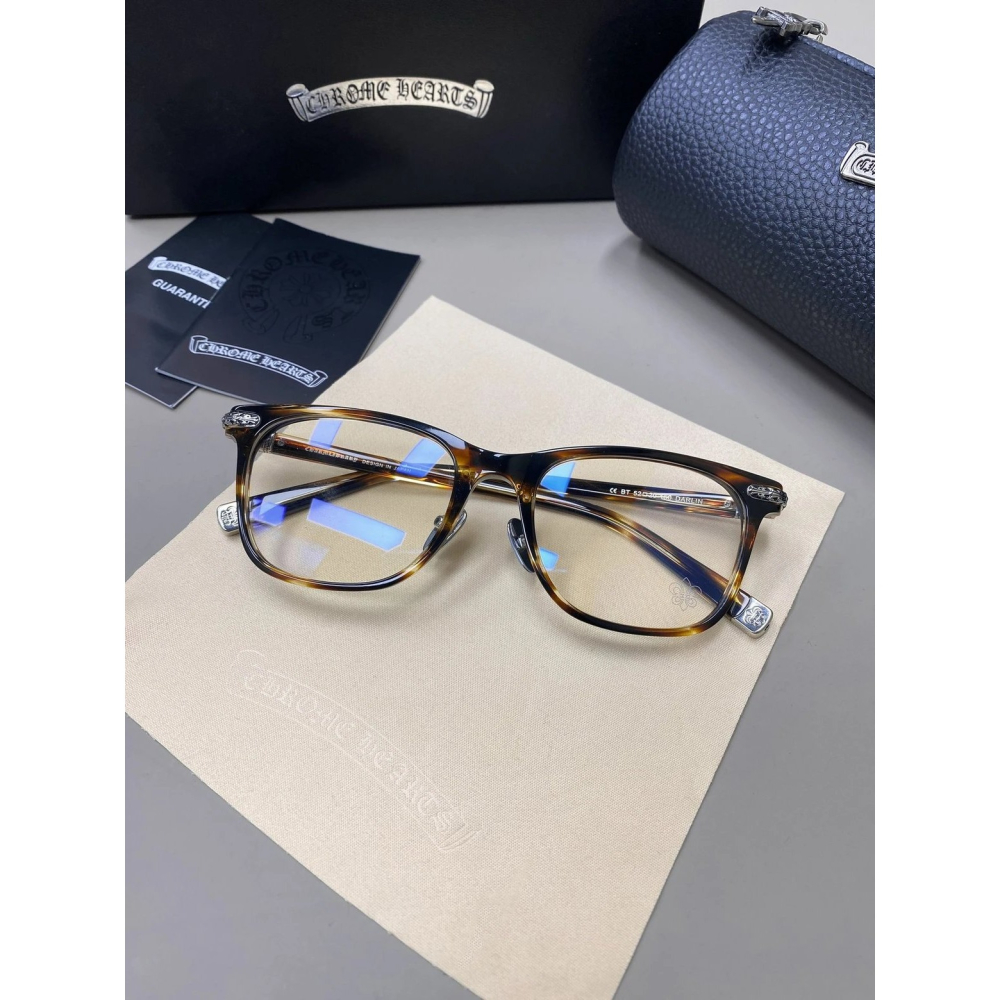 Chrome Hearts龐克男女明星同款復古馬蹄花雕花超輕鈦合金全框鏡架平光眼鏡近視眼鏡架黑色玳瑁款52-18-148-細節圖4