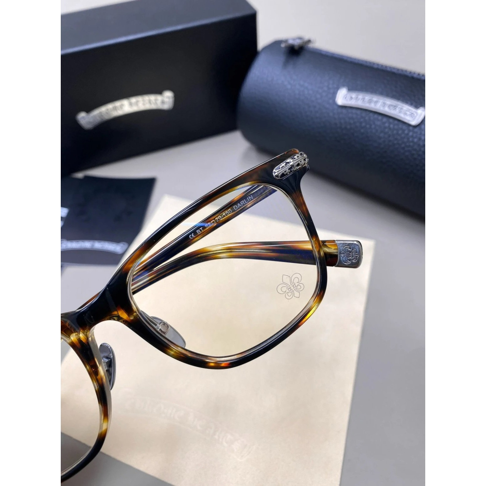 Chrome Hearts龐克男女明星同款復古馬蹄花雕花超輕鈦合金全框鏡架平光眼鏡近視眼鏡架黑色玳瑁款52-18-148-細節圖8