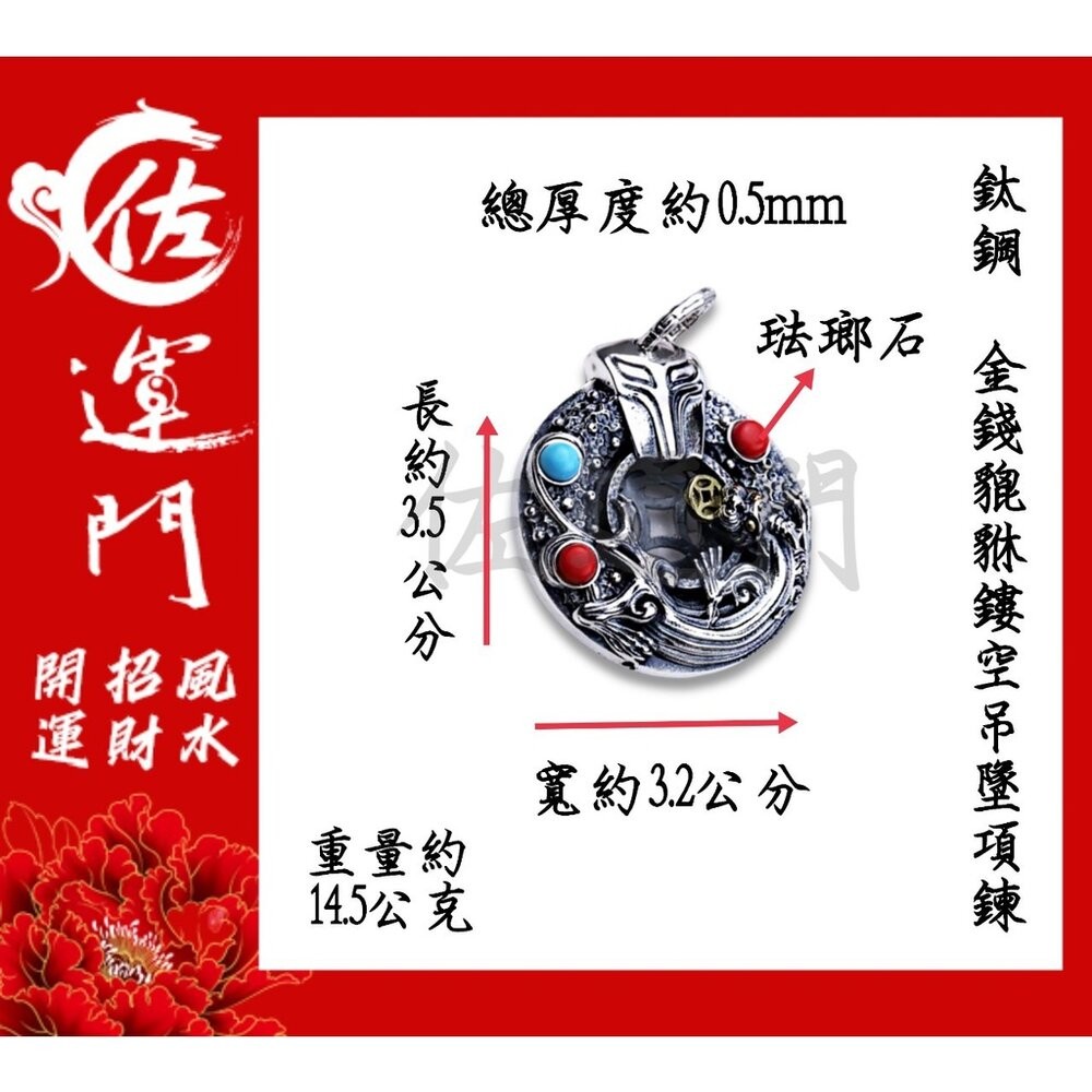 佐運門 開光 鈦鋼 琺瑯石金錢貔貅鏤空 貔貅吊墜 吊墜 項鍊 招財 貔貅項鍊 避邪 吊飾 鈦鋼項鍊 平安項鍊 避邪項鍊-細節圖6