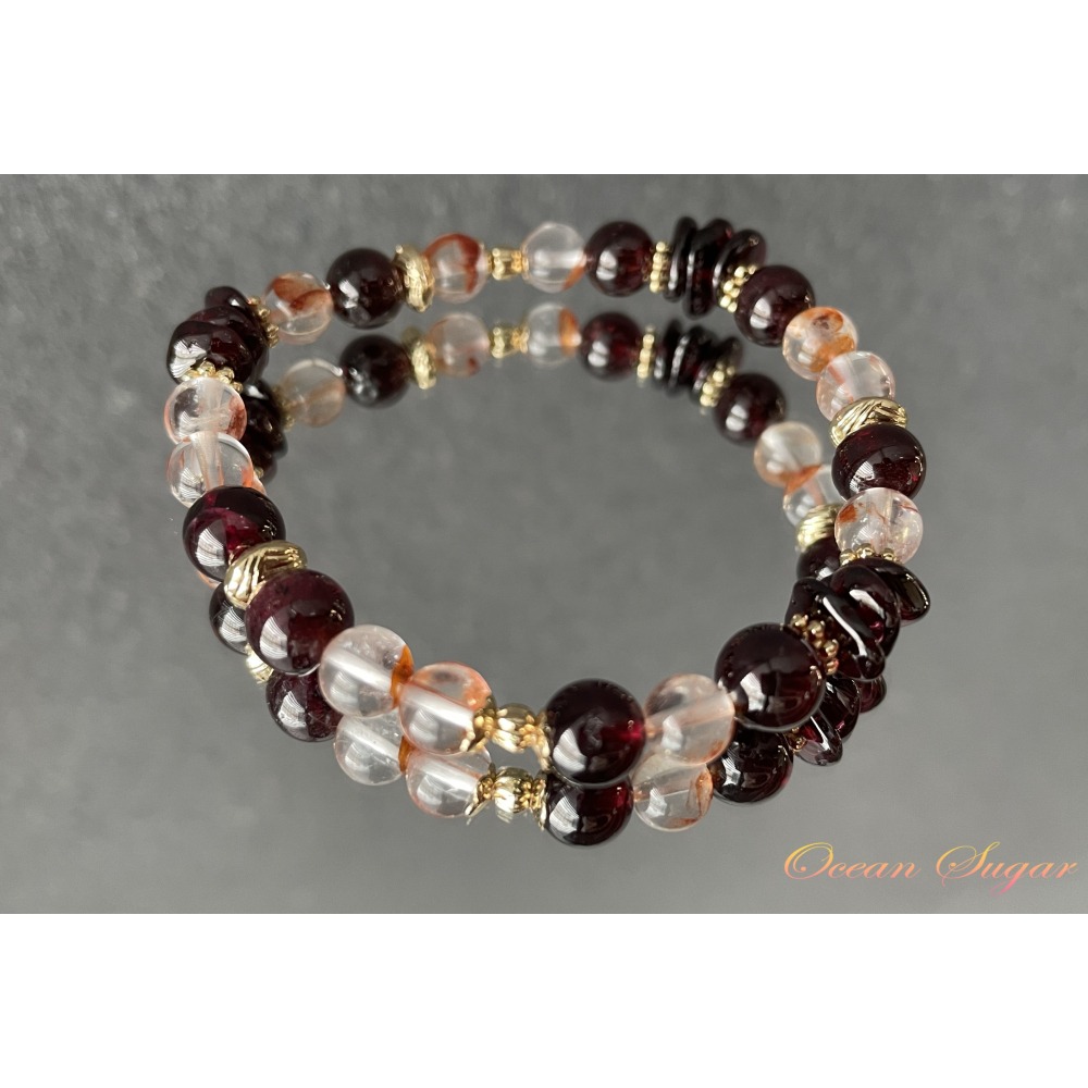 Ocean Sugar 天然水晶 設計手錬 紅石榴石 隨形 彩膠花-細節圖2