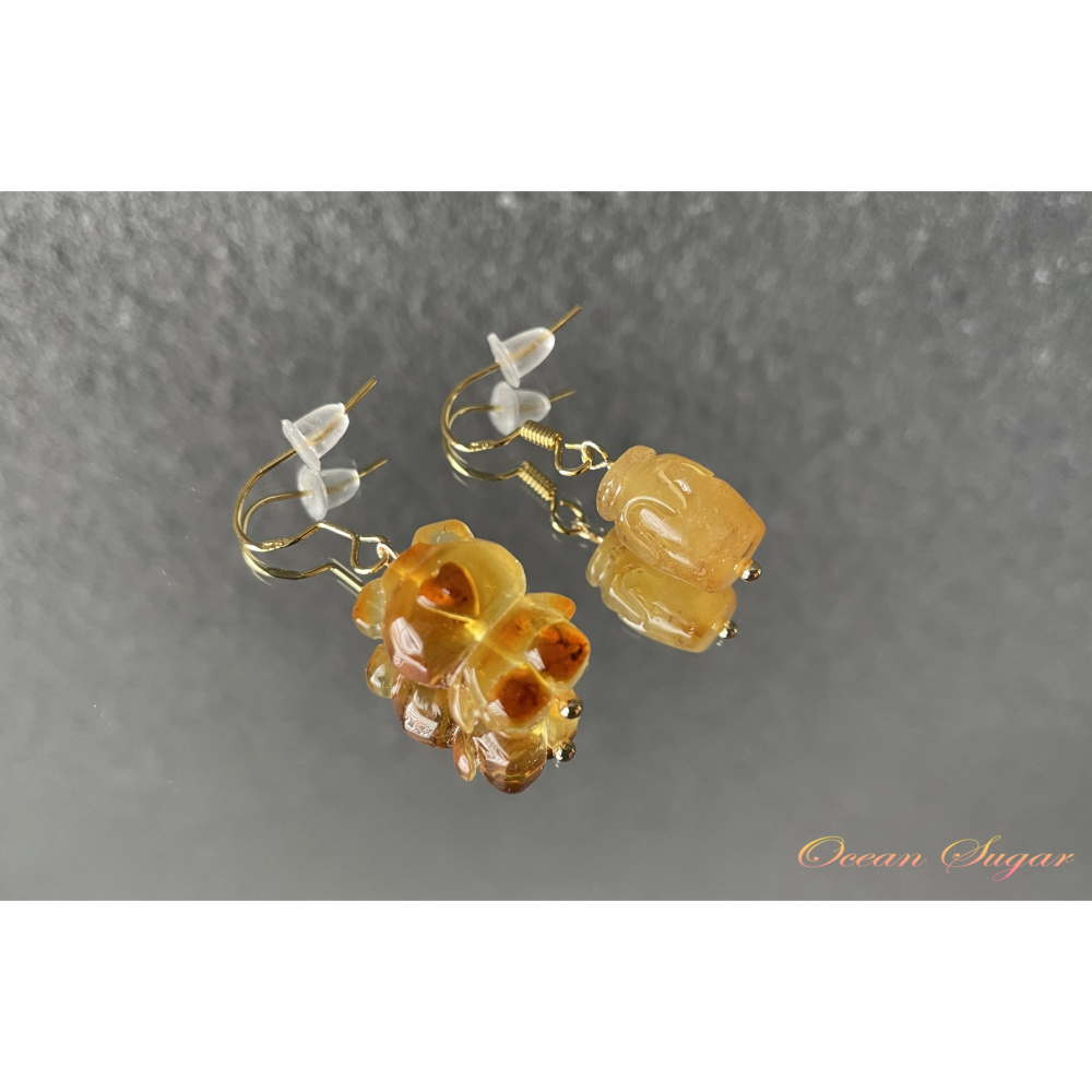 Ocean Sugar 設計耳環 小熊 蜂蜜罐 琥珀 蜜蠟 珍珠 S925銀 耳鈎 (附耳堵)-細節圖3