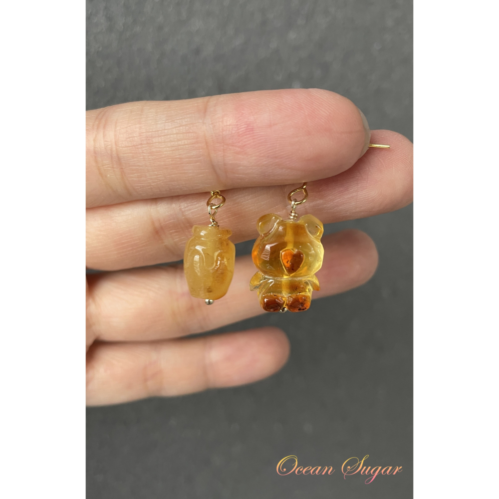 Ocean Sugar 設計耳環 小熊 蜂蜜罐 琥珀 蜜蠟 珍珠 S925銀 耳鈎 (附耳堵)-細節圖4