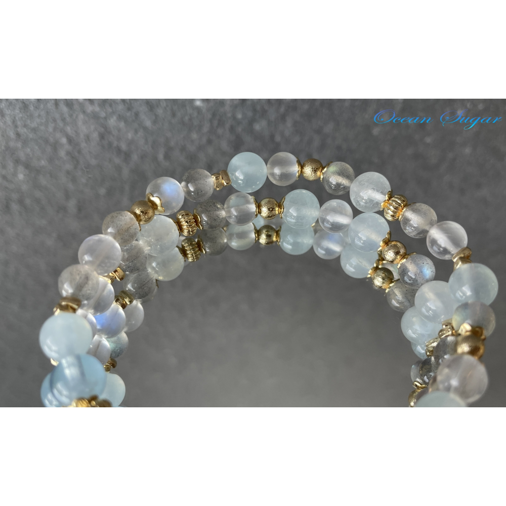Ocean Sugar 天然水晶 金如意 雙圈 雙排手鍊 藍月光 灰月光 海藍寶 手圍15cm-細節圖2