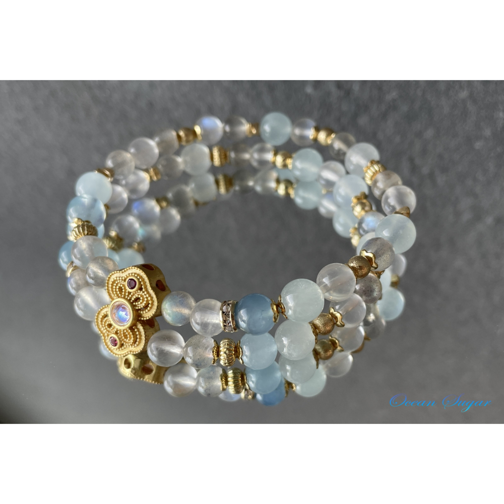 Ocean Sugar 天然水晶 金如意 雙圈 雙排手鍊 藍月光 灰月光 海藍寶 手圍15cm-細節圖3