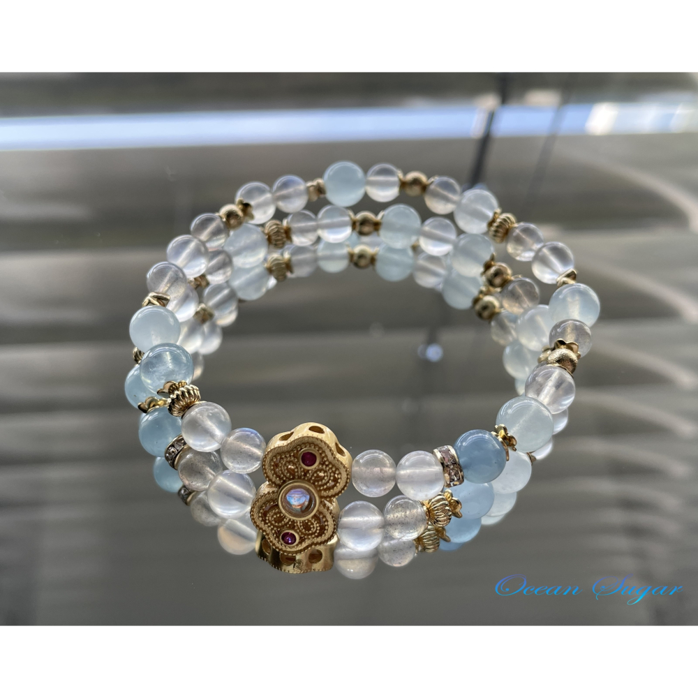 Ocean Sugar 天然水晶 金如意 雙圈 雙排手鍊 藍月光 灰月光 海藍寶 手圍15cm-細節圖4