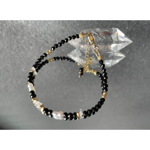Ocean Sugar 天然水晶 設計手鍊 切面黑尖晶 閃靈鑽 巴洛克 珍珠