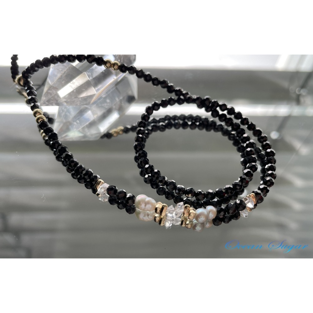 Ocean Sugar天然水晶 設計 手機掛繩 掛飾 切面黑尖晶 閃靈鑽 巴洛克 珍珠-細節圖2