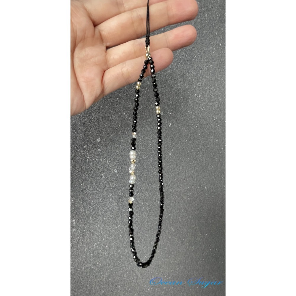 Ocean Sugar天然水晶 設計 手機掛繩 掛飾 切面黑尖晶 閃靈鑽 巴洛克 珍珠-細節圖3