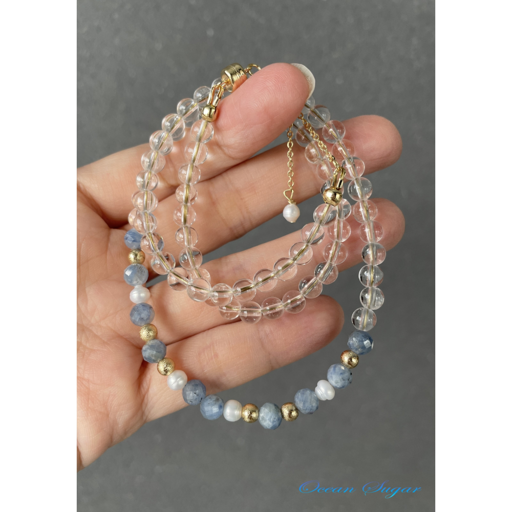 Ocean Sugar 天然水晶 設計 手鍊 項鍊 三圈 藍晶石切面 白水晶 珍珠 可調節 磁鐵扣頭-細節圖2