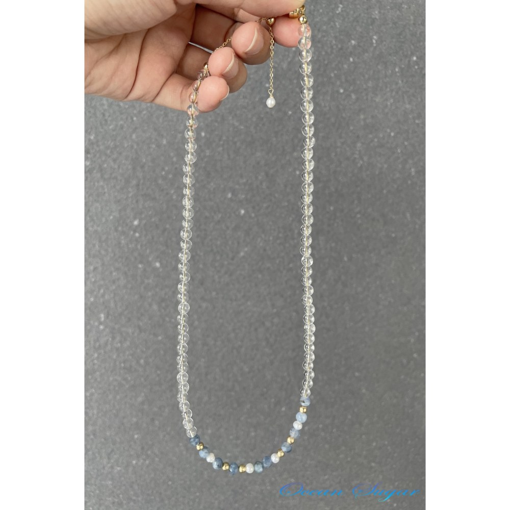 Ocean Sugar 天然水晶 設計 手鍊 項鍊 三圈 藍晶石切面 白水晶 珍珠 可調節 磁鐵扣頭-細節圖3