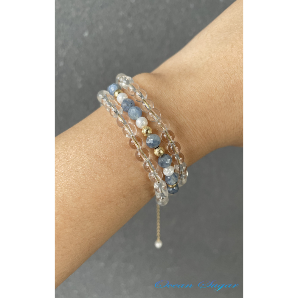 Ocean Sugar 天然水晶 設計 手鍊 項鍊 三圈 藍晶石切面 白水晶 珍珠 可調節 磁鐵扣頭-細節圖4