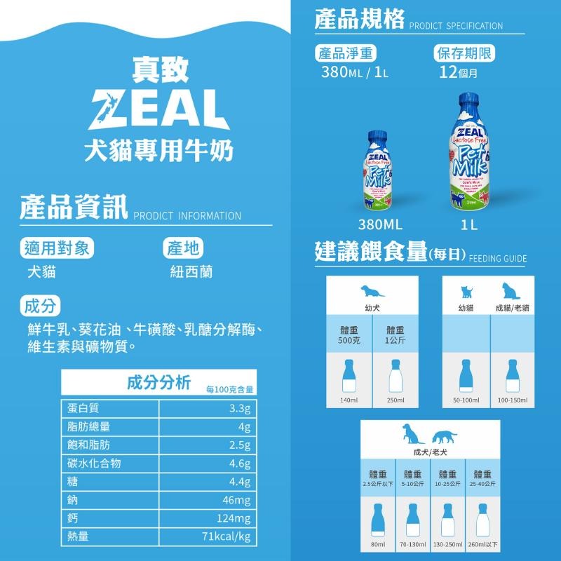 ZEAL真致 紐西蘭犬貓專用鮮乳 寵物鮮乳 不含乳糖 寵物專用 狗狗牛奶 貓咪牛奶 犬貓鮮乳-細節圖3
