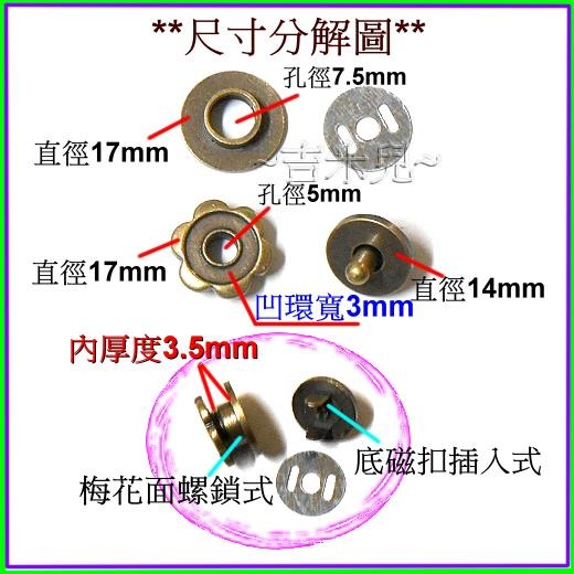 ~吉米兒~拼布配材-17mm梅花面14mm超薄插式磁扣/磁釦(面蓋螺鎖式)-細節圖2