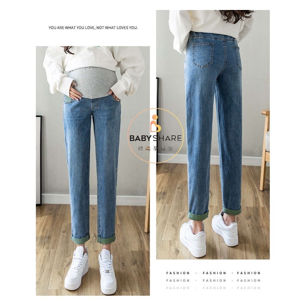 台灣現貨 反折撞色寬鬆牛仔褲長褲 可調節褲 孕婦牛仔褲 孕婦裝 BabyShare時尚孕婦裝 【OCL013】-細節圖2