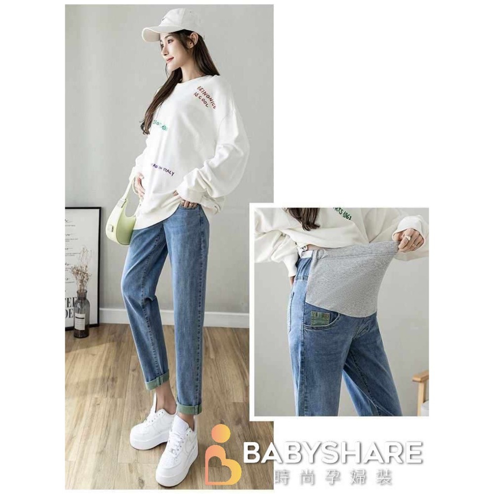 台灣現貨 反折撞色寬鬆牛仔褲長褲 可調節褲 孕婦牛仔褲 孕婦裝 BabyShare時尚孕婦裝 【OCL013】-細節圖3