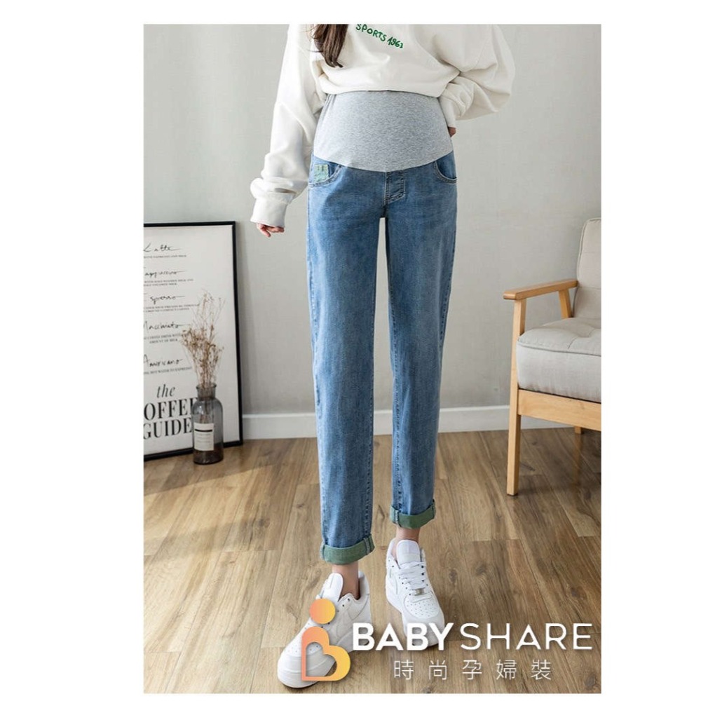 台灣現貨 反折撞色寬鬆牛仔褲長褲 可調節褲 孕婦牛仔褲 孕婦裝 BabyShare時尚孕婦裝 【OCL013】-細節圖4