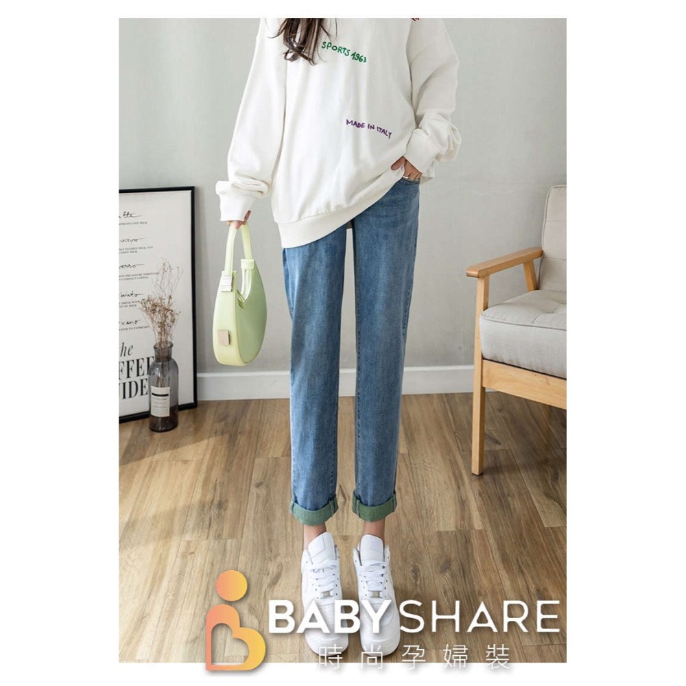 台灣現貨 反折撞色寬鬆牛仔褲長褲 可調節褲 孕婦牛仔褲 孕婦裝 BabyShare時尚孕婦裝 【OCL013】-細節圖5