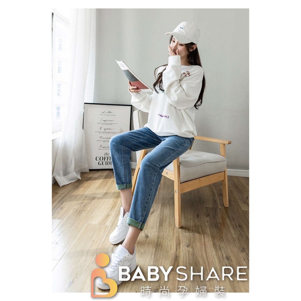 台灣現貨 反折撞色寬鬆牛仔褲長褲 可調節褲 孕婦牛仔褲 孕婦裝 BabyShare時尚孕婦裝 【OCL013】-細節圖6