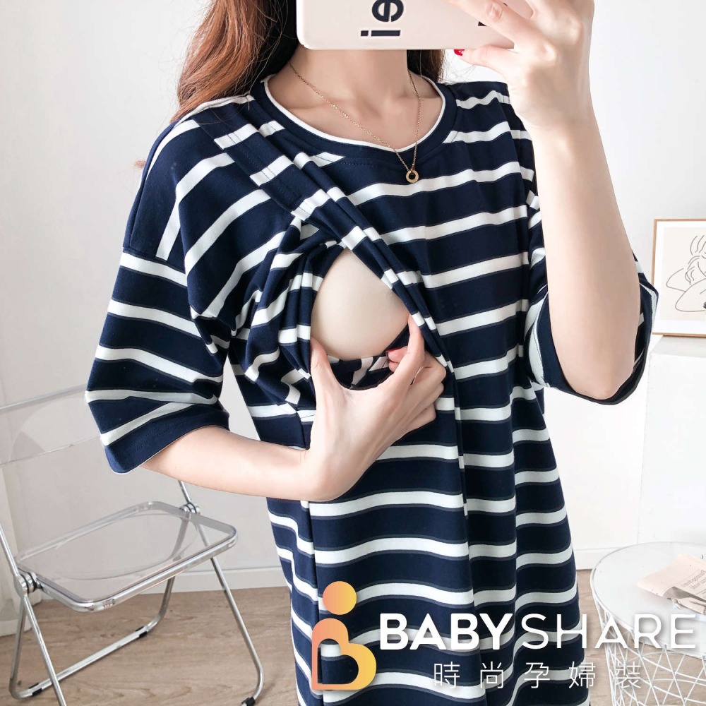 台灣現貨 高含棉條紋長版哺乳衣 五分袖 孕婦裝 哺乳衣 餵奶衣 BabyShare時尚孕婦裝【J1S009】-細節圖8