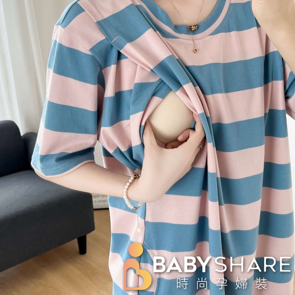 獨家訂製 寬條哺乳裙-有口袋 月子裙 哺乳衣  孕婦裝 BabyShare時尚孕婦裝【J1S008】-細節圖11