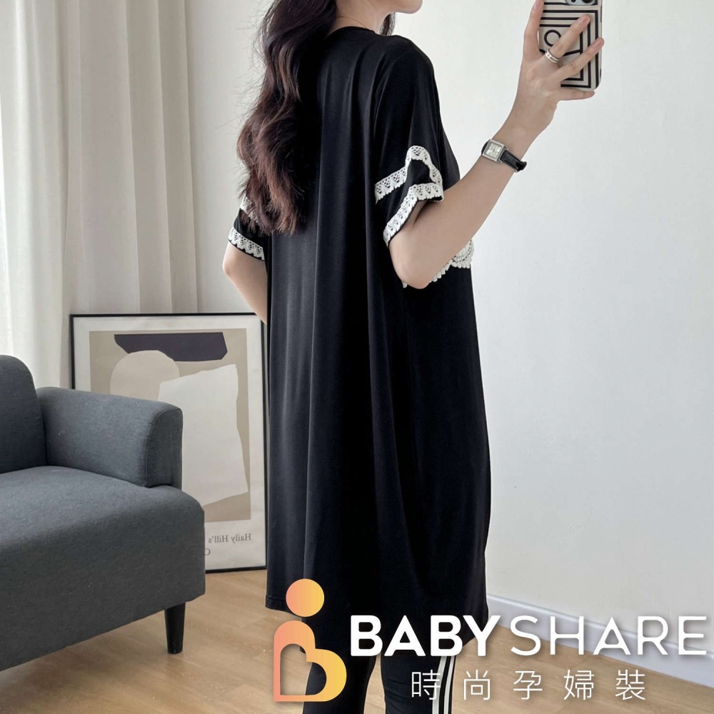 台灣現貨 時尚黑花邊哺乳衣 短袖 莫代爾 孕婦長版衣 哺乳裙 BabyShare時尚孕婦裝【J1S011】-細節圖6
