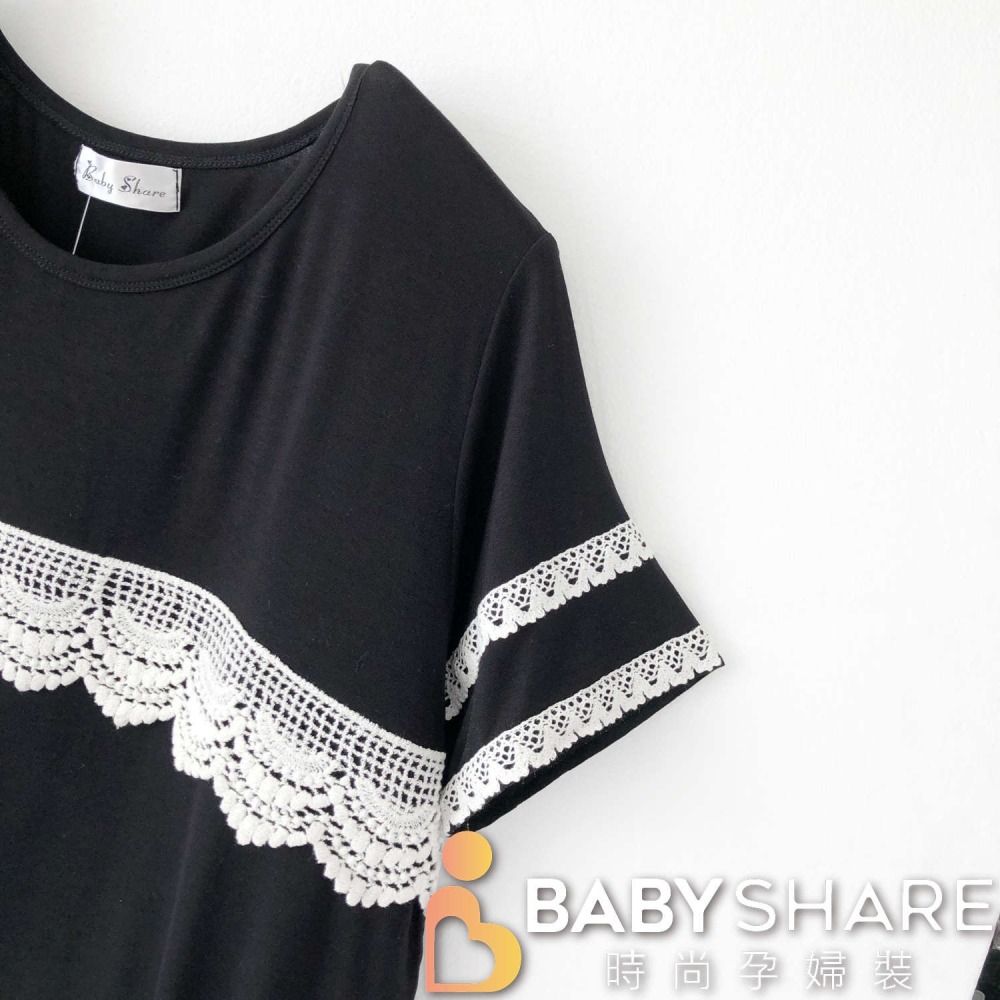 台灣現貨 時尚黑花邊哺乳衣 短袖 莫代爾 孕婦長版衣 哺乳裙 BabyShare時尚孕婦裝【J1S011】-細節圖9