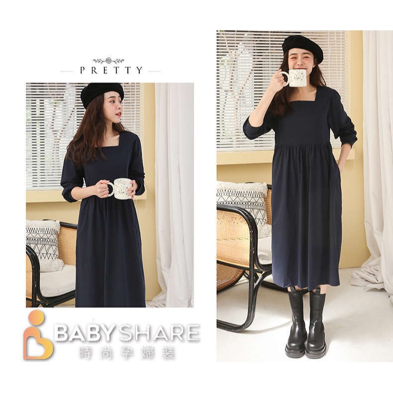 台灣現貨 一字領哺乳長裙-有口袋 長袖 孕婦裝 哺乳衣 餵奶衣 BabyShare時尚孕婦裝【CML015】-細節圖6