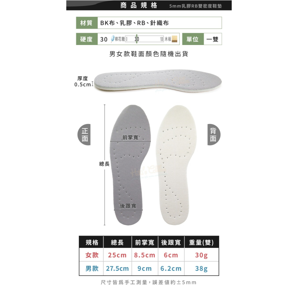 糊塗鞋匠 優質鞋材 C69 5mm乳膠RB雙密度鞋墊 1雙 5mm乳膠鞋墊 緩衝鞋墊 休閒鞋墊-細節圖3