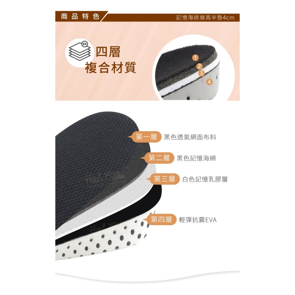 糊塗鞋匠 優質鞋材 B10 記憶海綿增高半墊4cm 1雙 記憶海綿增高墊 記憶棉EVA增高墊-細節圖5