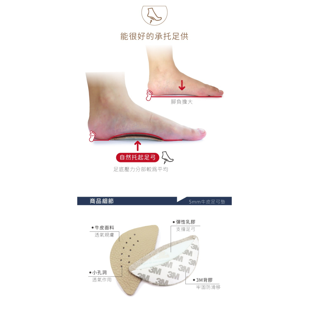 糊塗鞋匠 優質鞋材 H03 5mm牛皮足弓墊 1雙 掌心墊 腳窩墊 足心墊 掌弓墊 足弓輔助墊 台灣製造-細節圖5