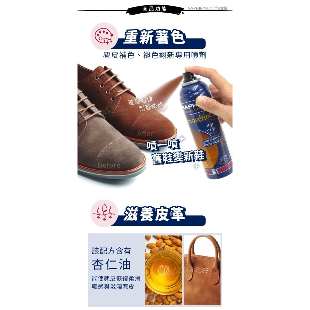 糊塗鞋匠 優質鞋材 K50 法國SAPHIR麂皮染色噴霧200ml 1瓶 麂皮噴霧染劑 麂皮補色噴霧 麂皮補色劑-細節圖4