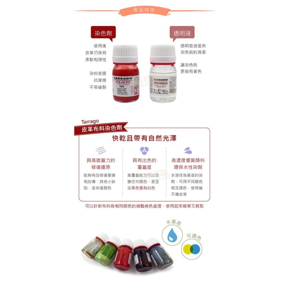 糊塗鞋匠 優質鞋材 K85 西班牙Tarrago皮革布料染色劑25ml 1組 皮革染色劑 帆布鞋染色劑 帆布包染色劑-細節圖5