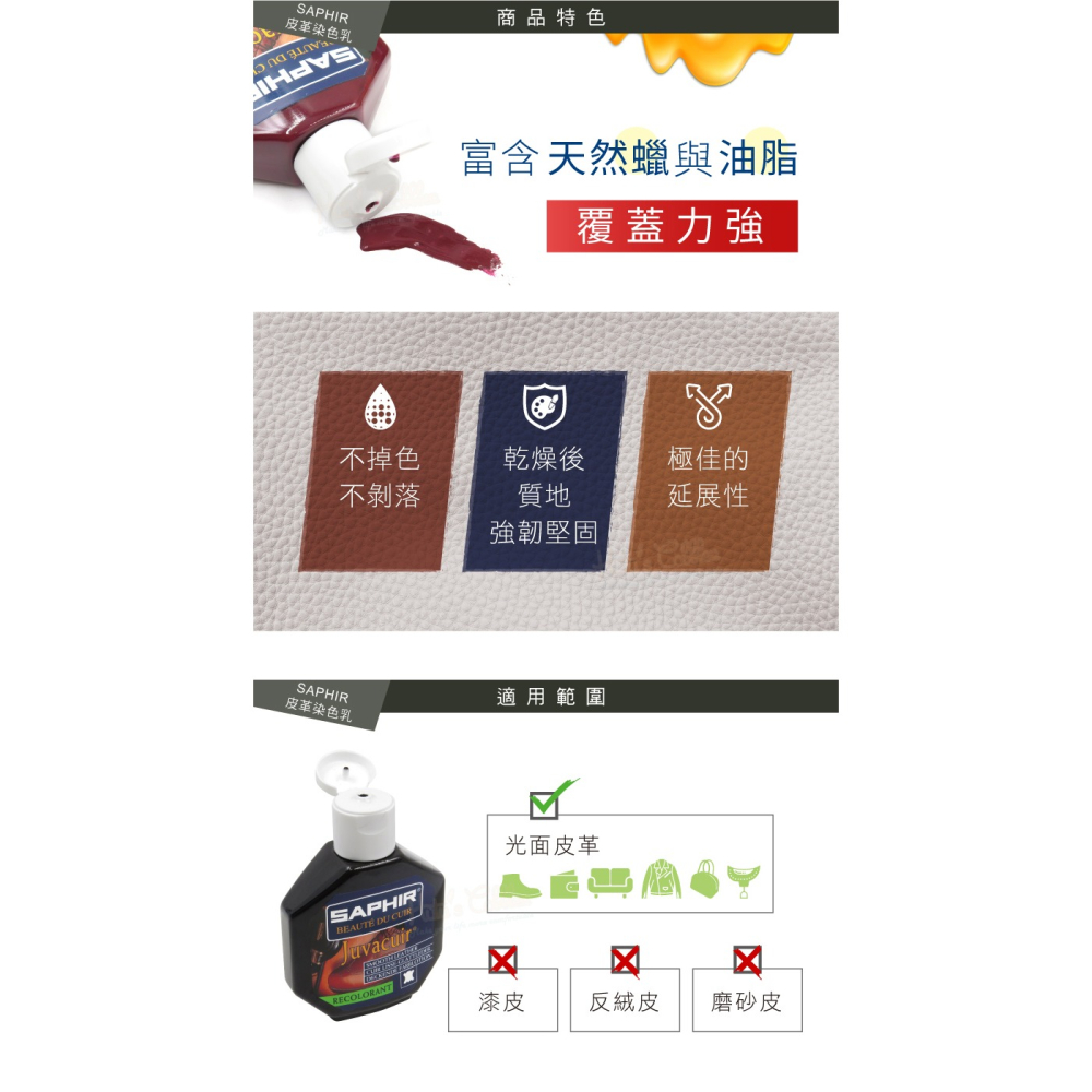 糊塗鞋匠 優質鞋材 K48 法國SAPHIR皮革染色乳75ml 1瓶 皮革修補膏 皮革染料 皮革染劑-細節圖6