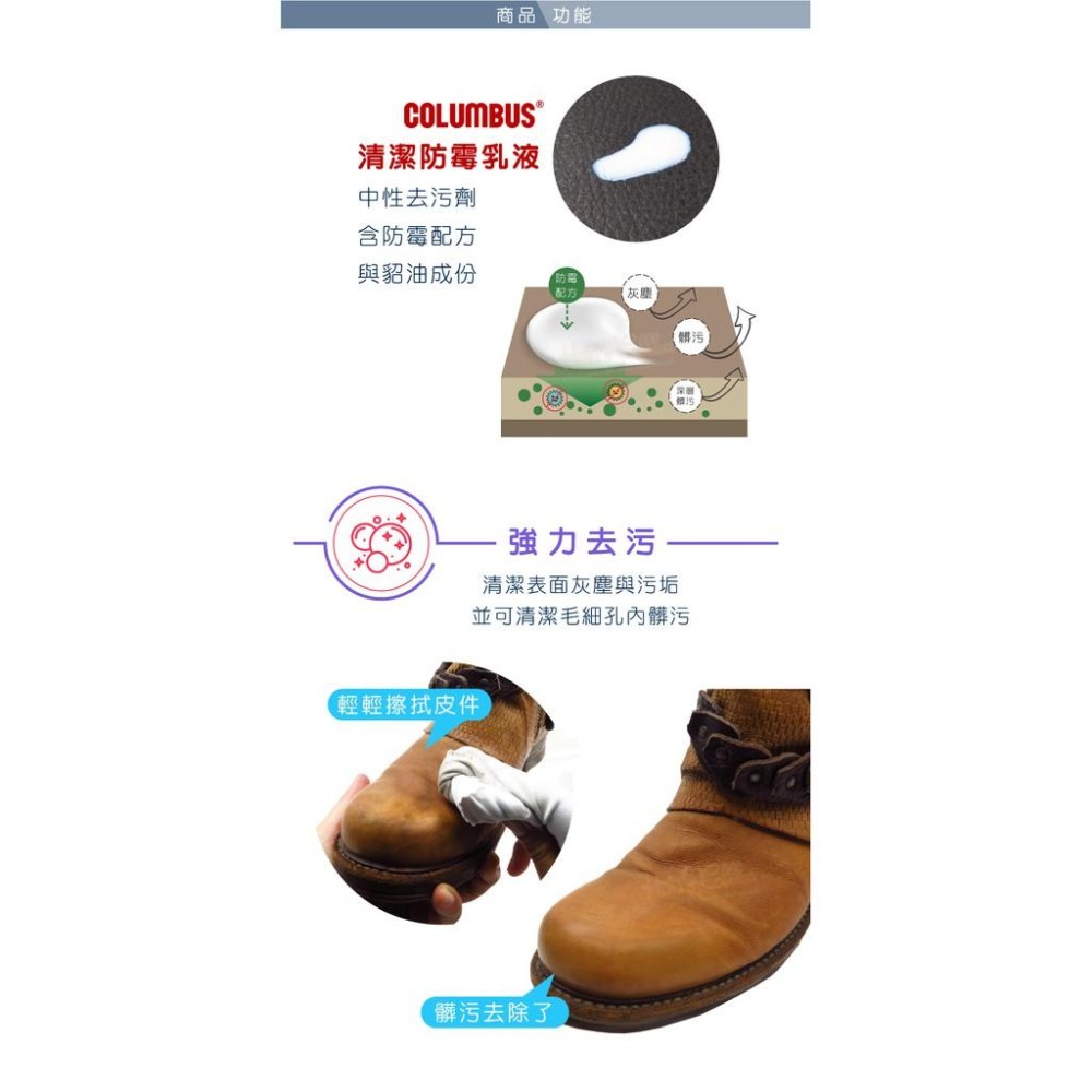 糊塗鞋匠 優質鞋材 K12 日本COLUMBUS清潔防霉乳液100ml 1瓶 皮革防霉除污保養乳液 皮革防霉去污乳液-細節圖4