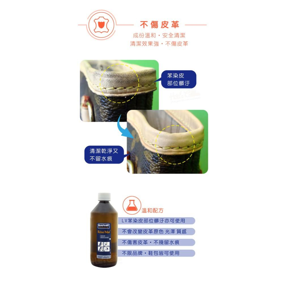 糊塗鞋匠 優質鞋材 K87 法國SAPHIR萬用皮革清潔露500ml 1瓶 萬用皮革清潔劑 皮革萬用清潔劑 精品包包清潔-細節圖6