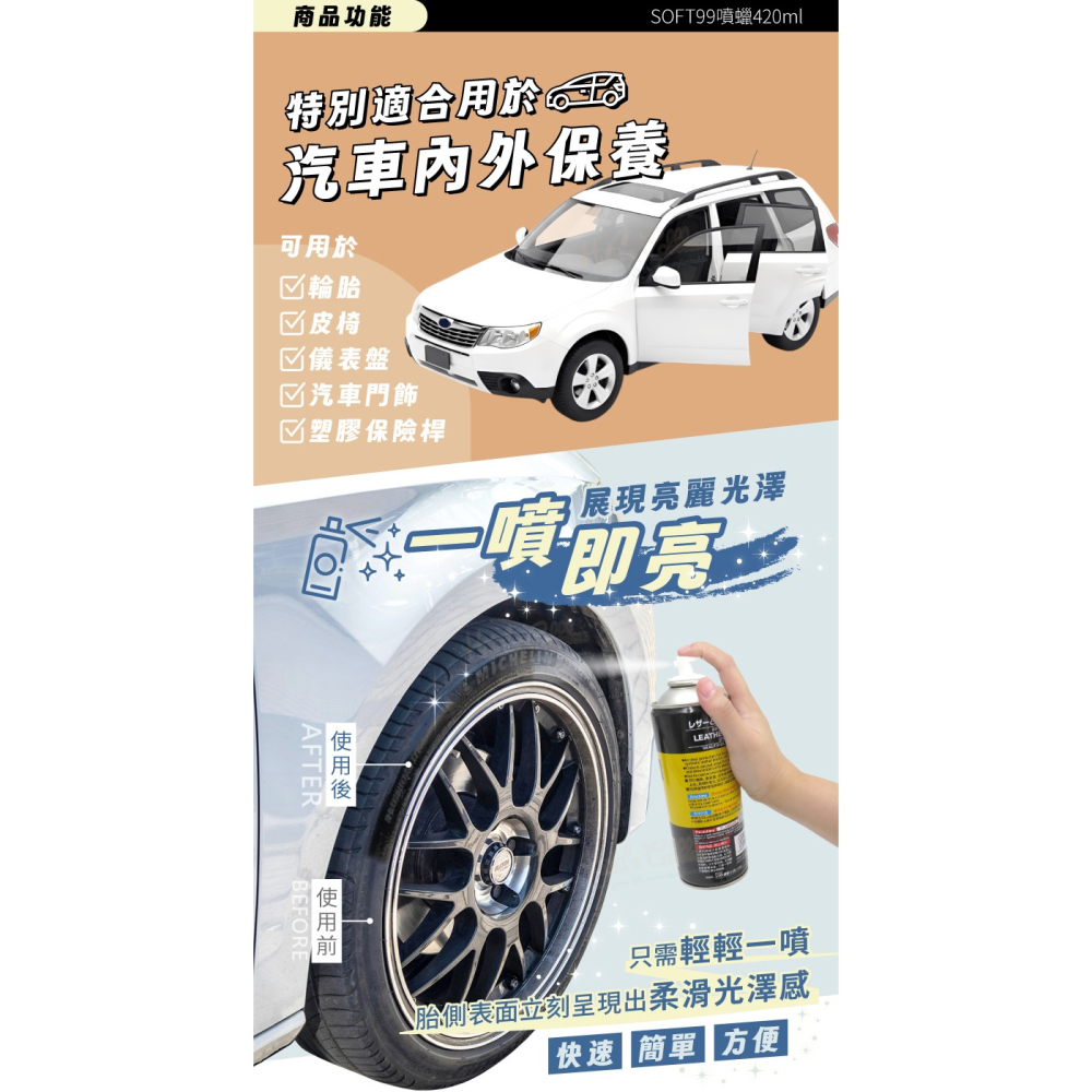 糊塗鞋匠 優質鞋材 L140 日本SOFT99噴蠟420ml 1罐 輪胎胎側保養 汽車皮椅保養 合成皮保養噴蠟-細節圖4