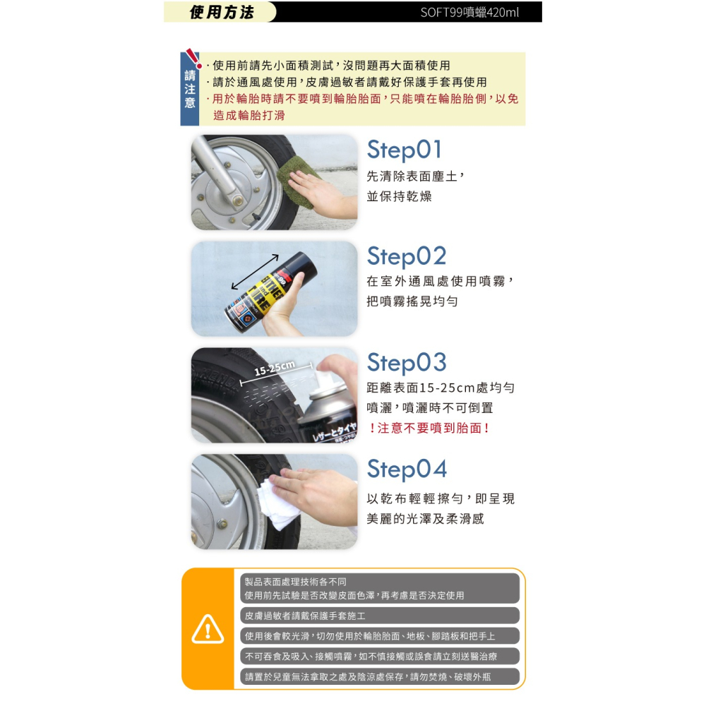 糊塗鞋匠 優質鞋材 L140 日本SOFT99噴蠟420ml 1罐 輪胎胎側保養 汽車皮椅保養 合成皮保養噴蠟-細節圖7