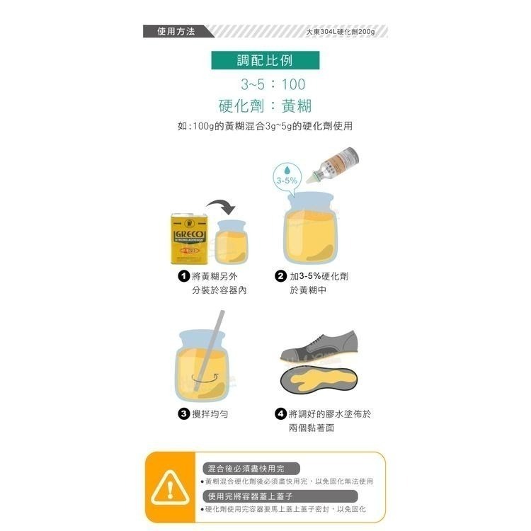 糊塗鞋匠 優質鞋材 N167 台灣製造 大東304L硬化劑200g 1瓶  固化劑 熟化劑 變定劑 強力膠硬化劑 黃糊-細節圖7