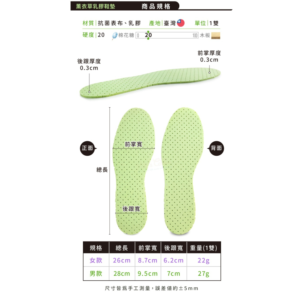 糊塗鞋匠 優質鞋材 C122 薰衣草乳膠鞋墊 1雙 薰衣草鞋墊 3mm乳膠鞋墊-細節圖3