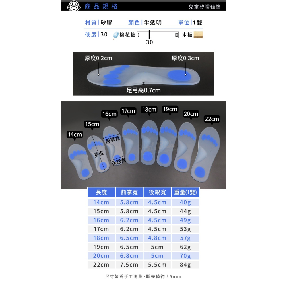 糊塗鞋匠 優質鞋材 C143 兒童矽膠鞋墊 1雙 足弓矽膠鞋墊 矽膠足弓鞋墊-細節圖3
