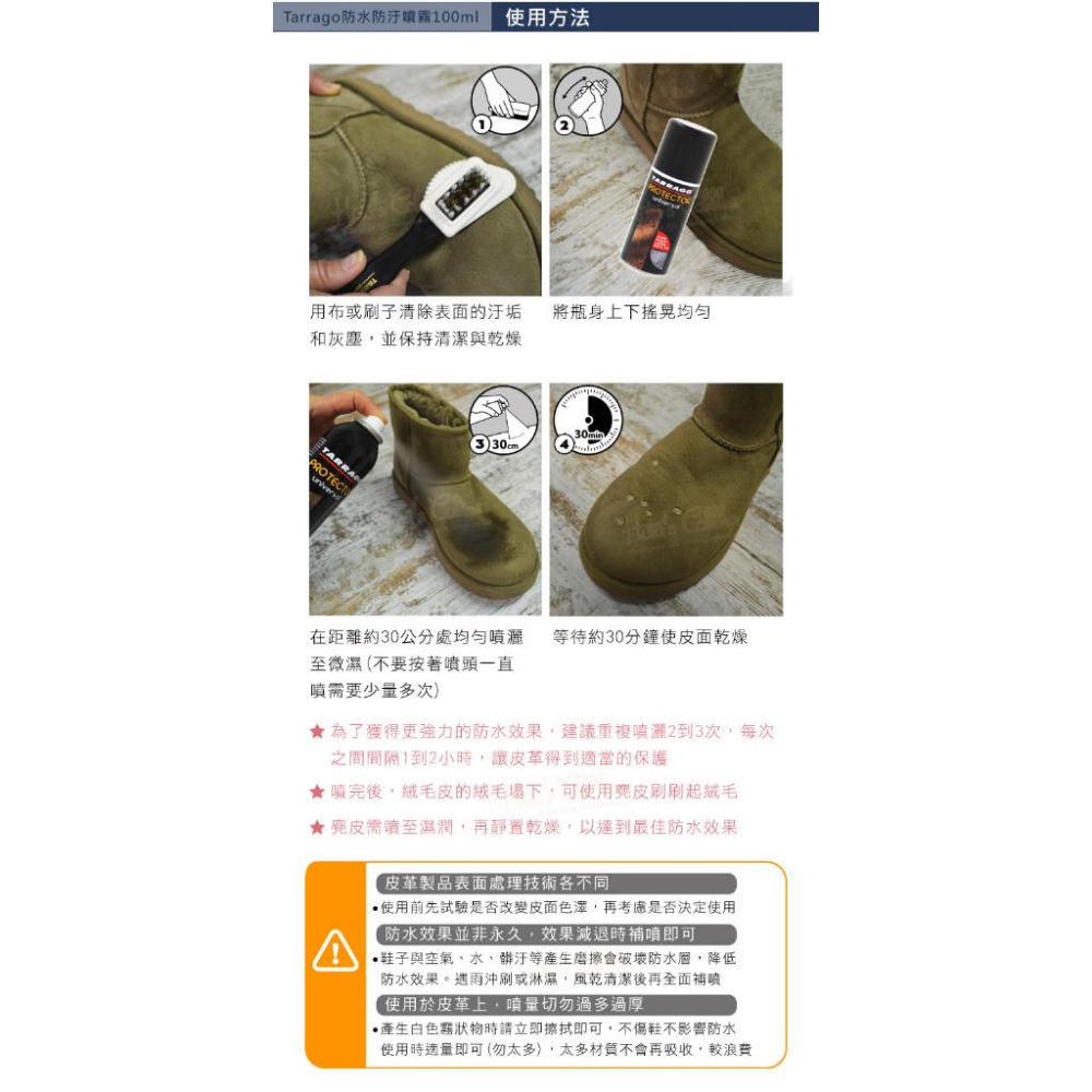 糊塗鞋匠 優質鞋材 L208 西班牙Tarrago防水防汙噴霧100ml 1罐 防水防污噴霧 皮包防水 帆布鞋防水 真皮-細節圖8