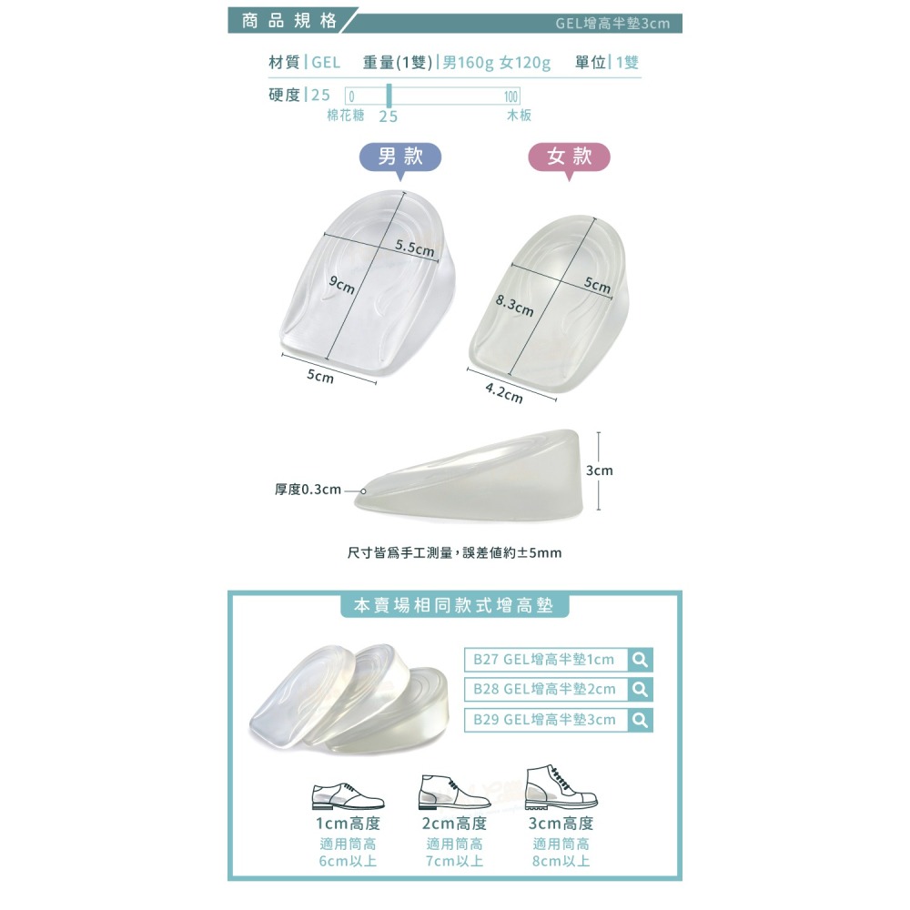 糊塗鞋匠 優質鞋材 B29 GEL增高半墊3cm 1雙 矽膠增高半墊 矽膠增高墊 GEL增高墊-細節圖3