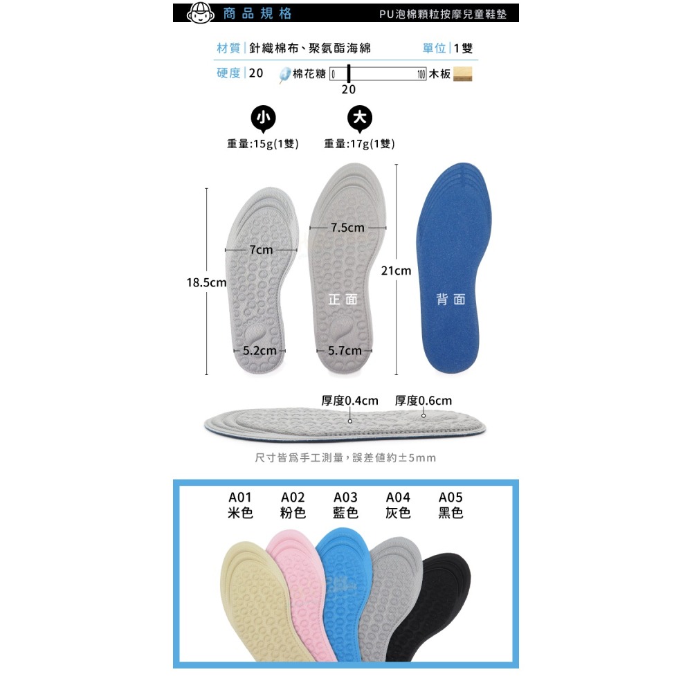 糊塗鞋匠 優質鞋材 C187 PU泡棉顆粒按摩兒童鞋墊 1雙 PU泡棉鞋墊 兒童PU鞋墊-細節圖3