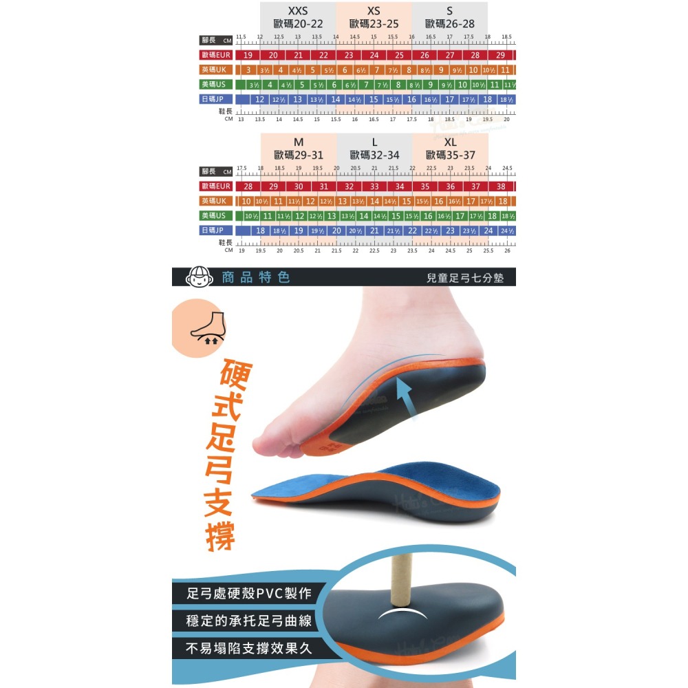 糊塗鞋匠 優質鞋材 H41 兒童足弓七分墊 1雙 EVA硬式兒童足弓鞋墊 EVA足弓鞋墊-細節圖4
