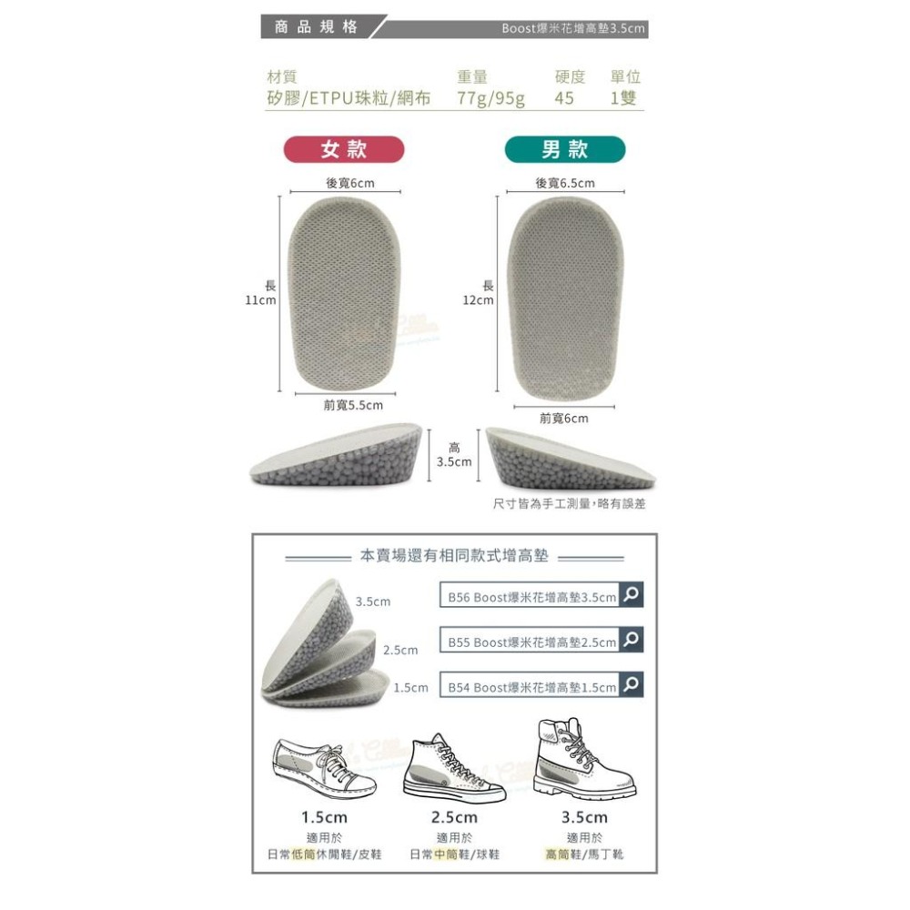 糊塗鞋匠 優質鞋材 B56 Boost爆米花增高墊3.5cm 1雙 矽膠增高墊 爆米花鞋墊-細節圖3