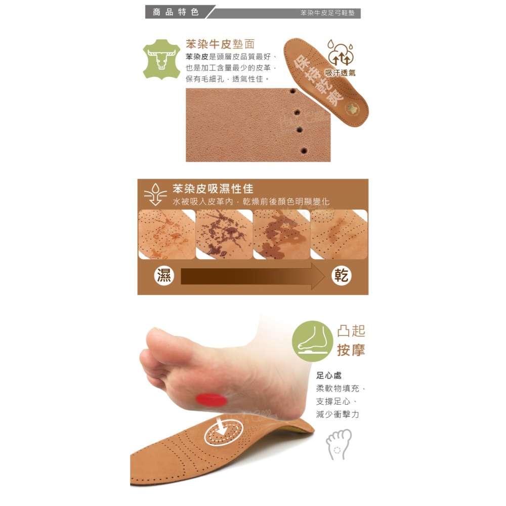 糊塗鞋匠 優質鞋材 C213 苯染牛皮足弓鞋墊 1雙 牛皮足弓鞋墊 牛皮鞋墊 硬式足弓鞋墊-細節圖5