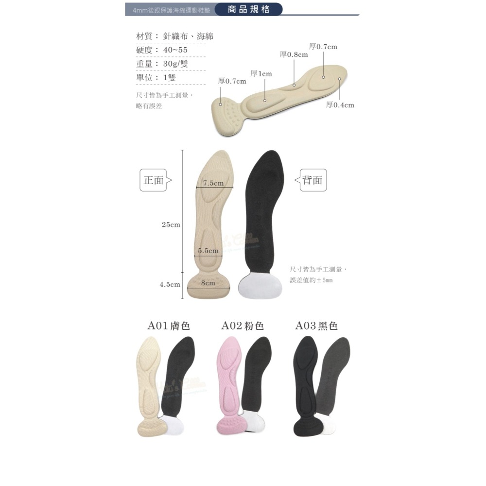糊塗鞋匠 優質鞋材 C218 4mm後跟保護海綿運動鞋墊 1雙 4D海綿鞋墊 海綿4D按摩足弓鞋墊-細節圖3