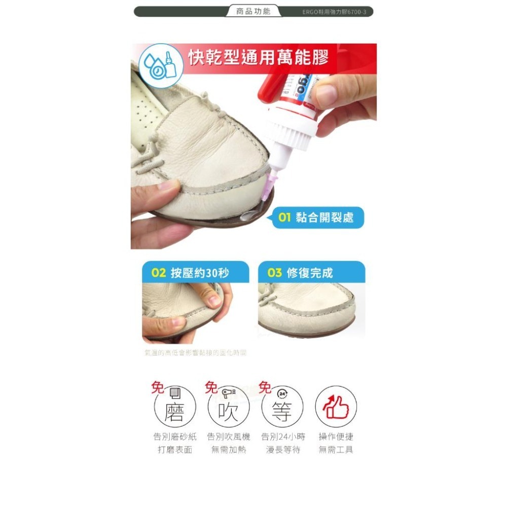 糊塗鞋匠 優質鞋材 N328 ERGO鞋用強力膠6700-3 瑞士生產 快乾型通用萬能膠30ml 1瓶 鞋黏膠 黏鞋膠-細節圖4
